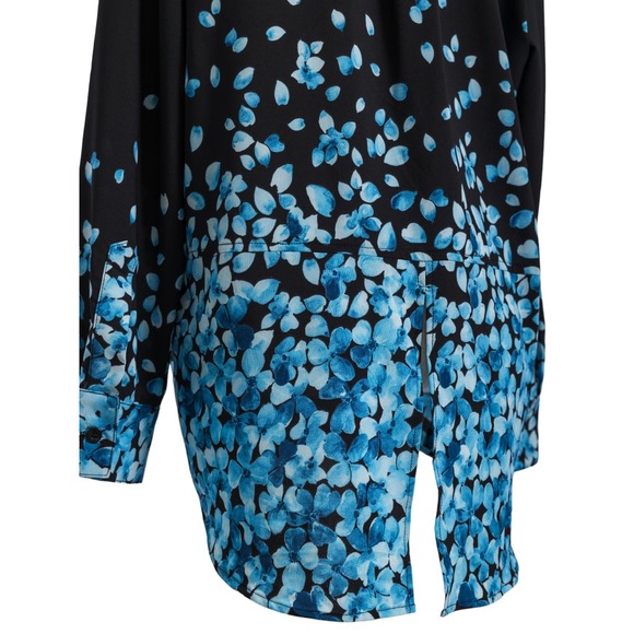 Women's Button Down Blouse Floral Black Blue Petal Size M NWT Klavelli - Picture 5 of 7